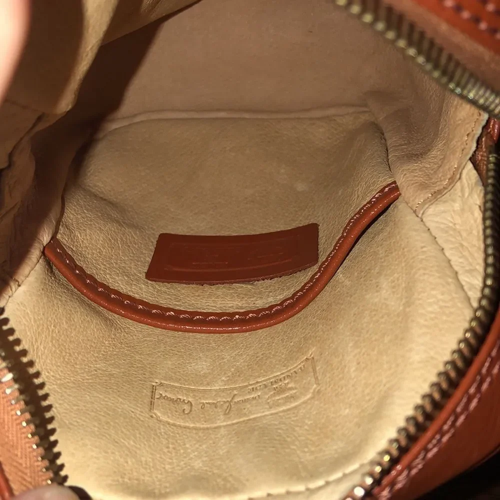 MCM Visetos Cognac Monogram Camera Messenger Bag Leather Lined Mirror EUC RARE